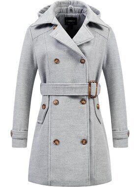 Women's Light Grey Detachable Hood Double Breasted Belted Mid-Length Trench Coat